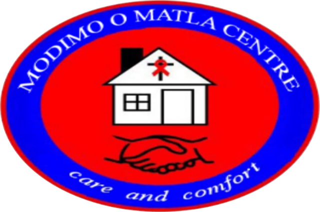 Modimo O Matla Centre emblem: a house with a red ribbon and joined hands, with the words care and comfort